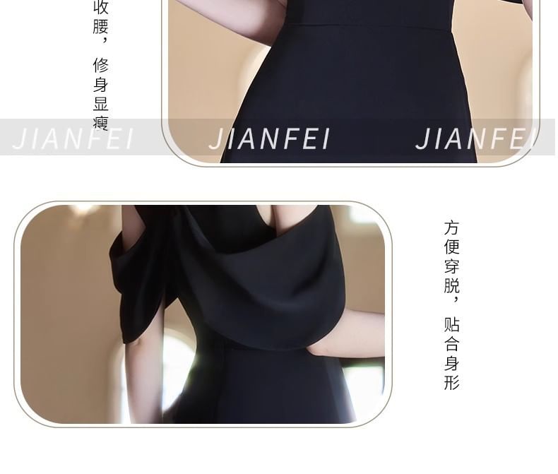 Short Sleeve Cold Shoulder Plain Beaded Keyhole A-Line Evening Dress