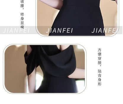 Short Sleeve Cold Shoulder Plain Beaded Keyhole A-Line Evening Dress