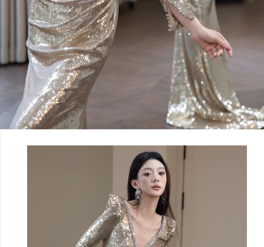 Long Sleeve V-Neck Sequin Ruched Trumpet Evening Gown