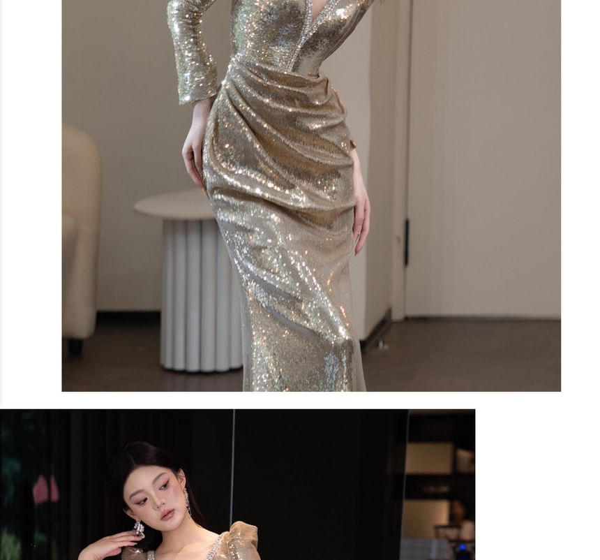 Long Sleeve V-Neck Sequin Ruched Trumpet Evening Gown