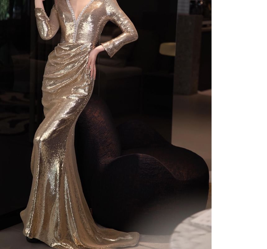 Long Sleeve V-Neck Sequin Ruched Trumpet Evening Gown