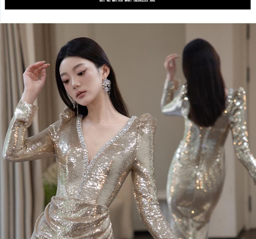 Long Sleeve V-Neck Sequin Ruched Trumpet Evening Gown