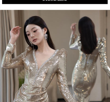 Long Sleeve V-Neck Sequin Ruched Trumpet Evening Gown