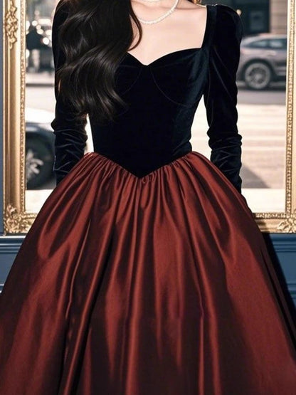 Long Sleeve Sweetheart Neck Two Tone Satin Panel Velvet A-Line Cocktail Dress