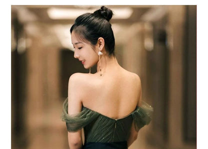 Sleeveless Off Shoulder Bow Glitter Ruched Mesh A-Line Evening Gown