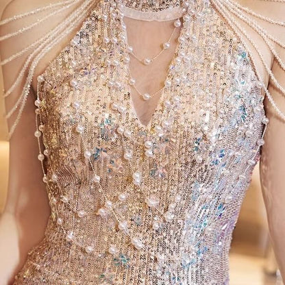 Sleeveless Mock Neck Sequin Beaded Strand Panel Mesh Trumpet Evening Gown