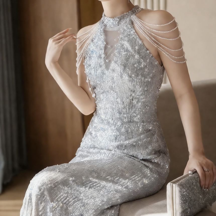 Sleeveless Mock Neck Sequin Beaded Strand Panel Mesh Trumpet Evening Gown