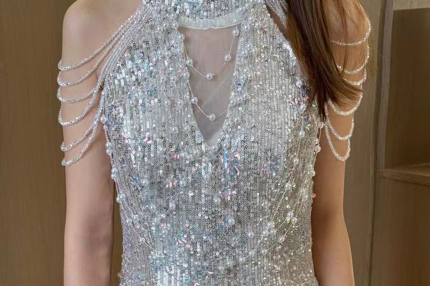 Sleeveless Mock Neck Sequin Beaded Strand Panel Mesh Trumpet Evening Gown