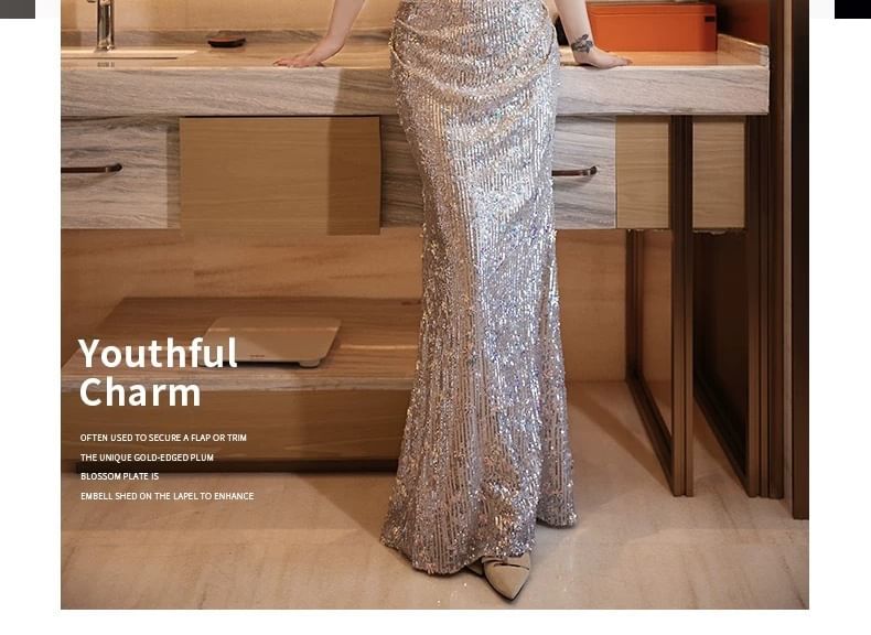 Sleeveless Mock Neck Sequin Beaded Strand Panel Mesh Trumpet Evening Gown