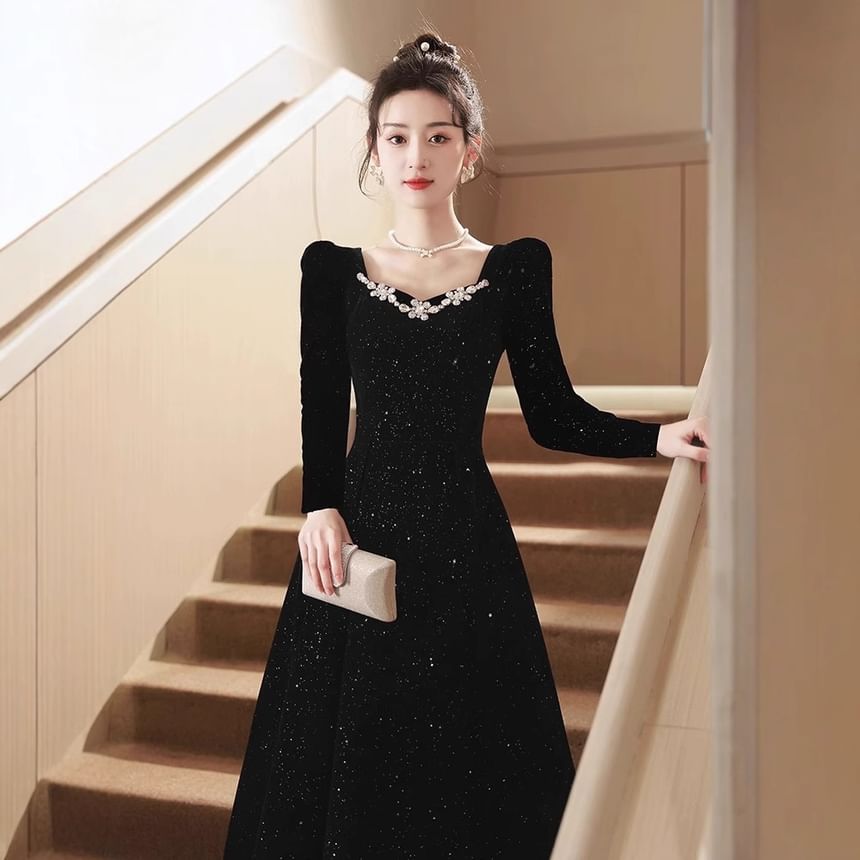 V-Neck Plain Rhinestone Glitter Velvet A-Line Evening Dress (Various Designs)