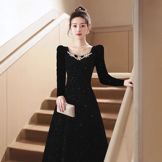 V-Neck Plain Rhinestone Glitter Velvet A-Line Evening Dress (Various Designs)