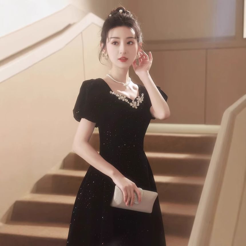 V-Neck Plain Rhinestone Glitter Velvet A-Line Evening Dress (Various Designs)