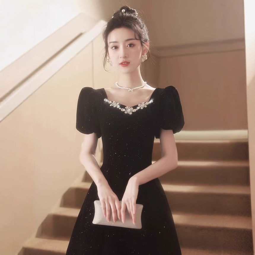 V-Neck Plain Rhinestone Glitter Velvet A-Line Evening Dress (Various Designs)