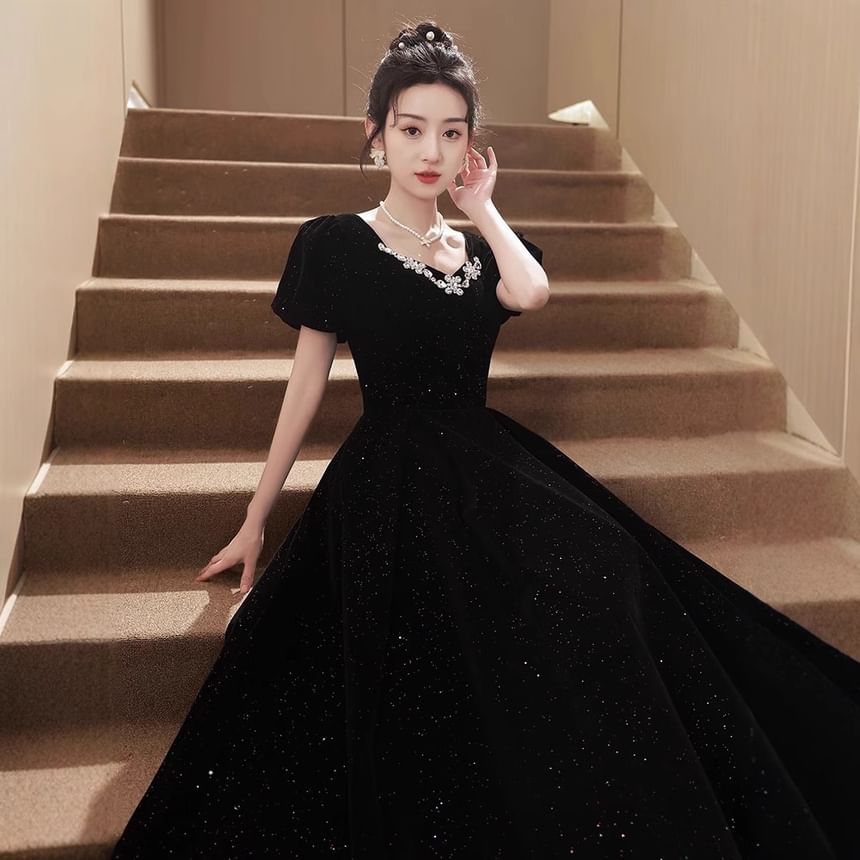 V-Neck Plain Rhinestone Glitter Velvet A-Line Evening Dress (Various Designs)