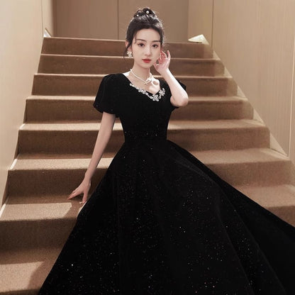 V-Neck Plain Rhinestone Glitter Velvet A-Line Evening Dress (Various Designs)