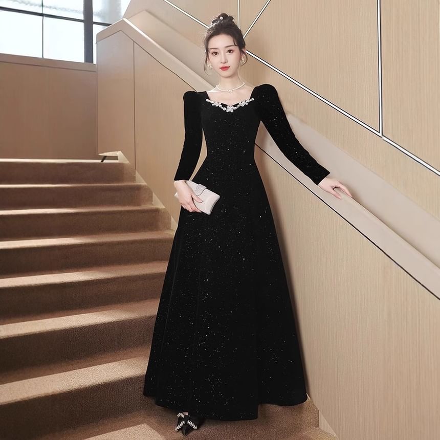 V-Neck Plain Rhinestone Glitter Velvet A-Line Evening Dress (Various Designs)