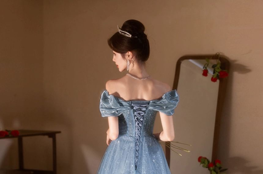Short Sleeve Off Shoulder Floral Beaded Embroidered Mesh A-Line Ball Gown