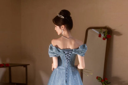 Short Sleeve Off Shoulder Floral Beaded Embroidered Mesh A-Line Ball Gown