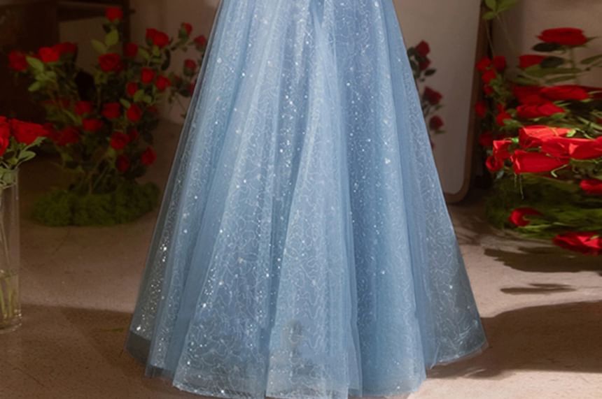 Short Sleeve Off Shoulder Floral Beaded Embroidered Mesh A-Line Ball Gown