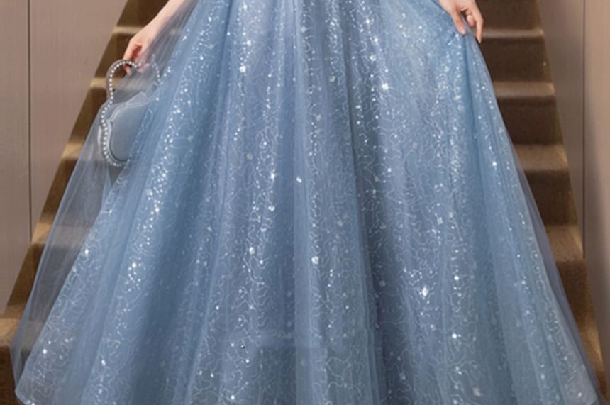Short Sleeve Off Shoulder Floral Beaded Embroidered Mesh A-Line Ball Gown