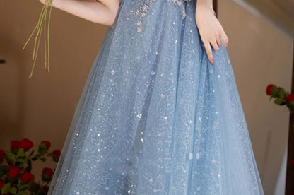 Short Sleeve Off Shoulder Floral Beaded Embroidered Mesh A-Line Ball Gown