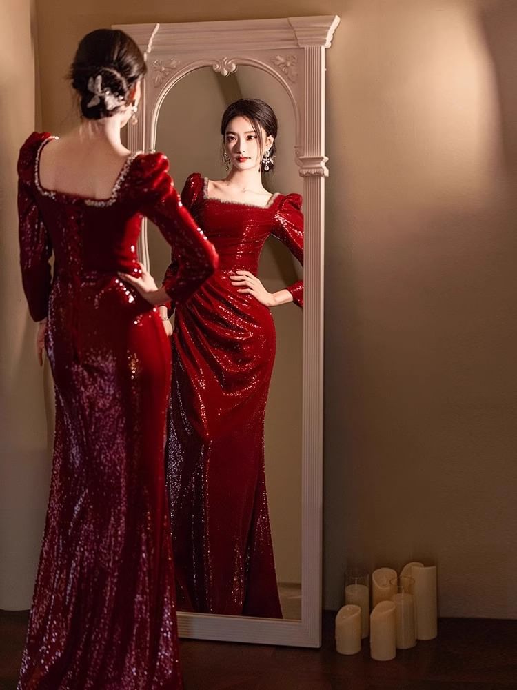Long Sleeve Square Neck Sequin Ruched Trumpet Evening Gown