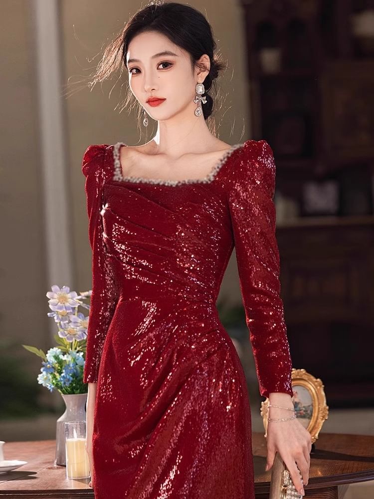 Long Sleeve Square Neck Sequin Ruched Trumpet Evening Gown