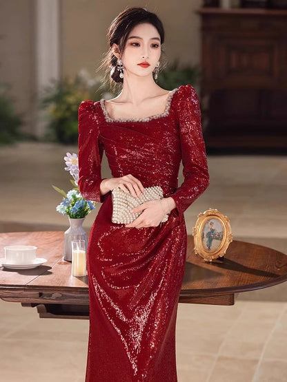 Long Sleeve Square Neck Sequin Ruched Trumpet Evening Gown