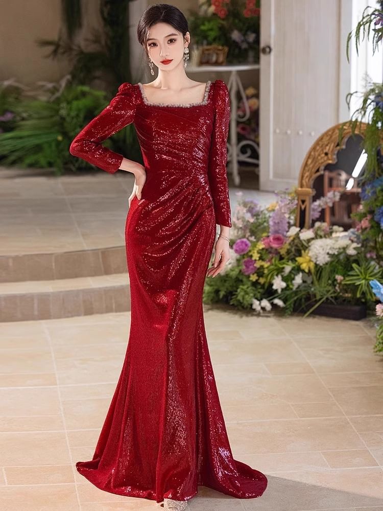 Long Sleeve Square Neck Sequin Ruched Trumpet Evening Gown