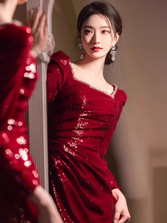 Long Sleeve Square Neck Sequin Ruched Trumpet Evening Gown