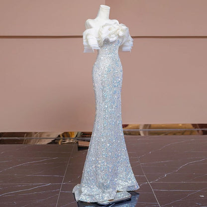 Short Sleeve Off Shoulder Sequin Ruffle Trumpet Evening Gown