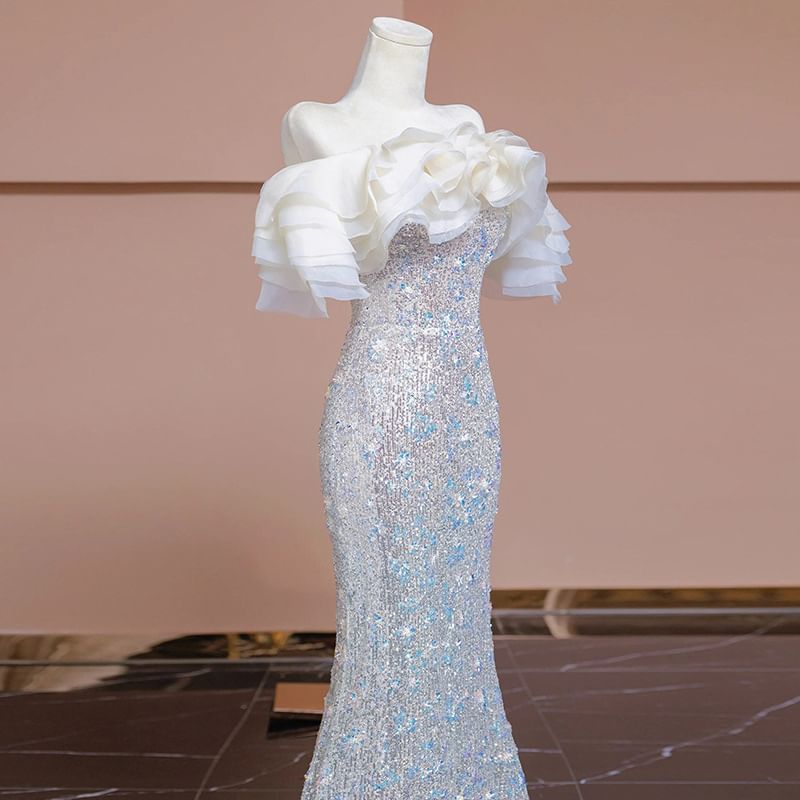 Short Sleeve Off Shoulder Sequin Ruffle Trumpet Evening Gown