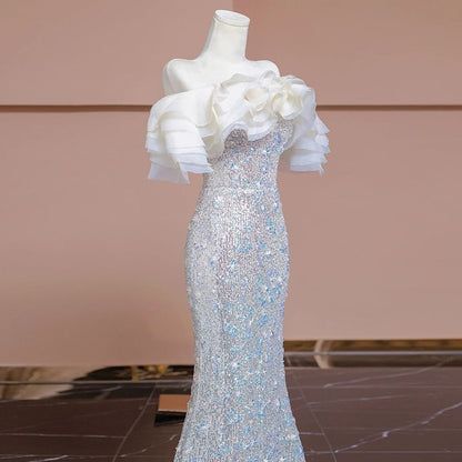 Short Sleeve Off Shoulder Sequin Ruffle Trumpet Evening Gown