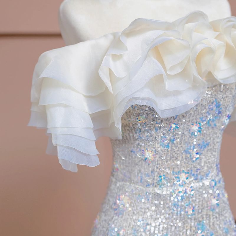 Short Sleeve Off Shoulder Sequin Ruffle Trumpet Evening Gown
