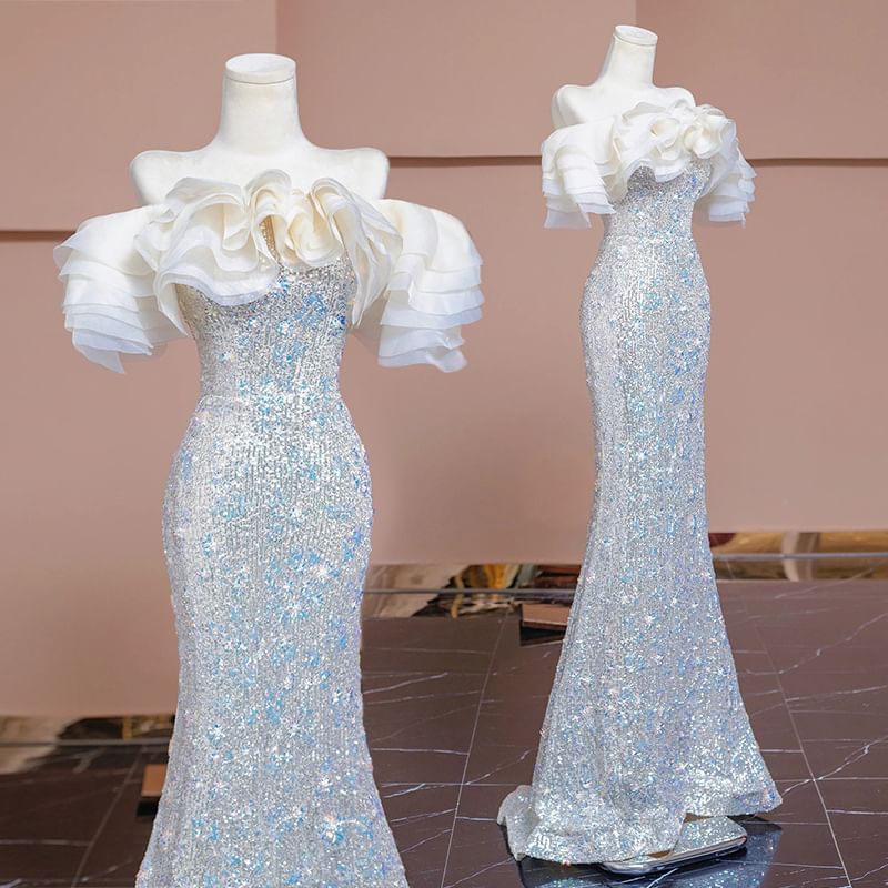 Short Sleeve Off Shoulder Sequin Ruffle Trumpet Evening Gown
