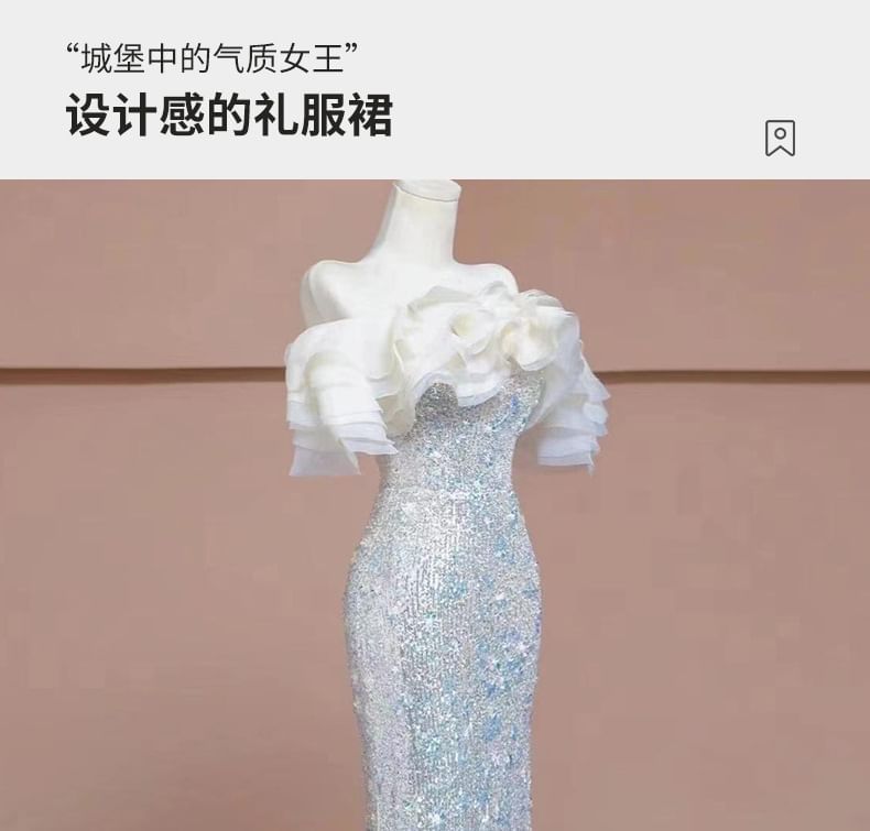 Short Sleeve Off Shoulder Sequin Ruffle Trumpet Evening Gown