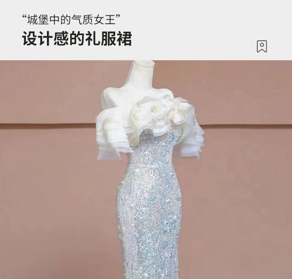 Short Sleeve Off Shoulder Sequin Ruffle Trumpet Evening Gown