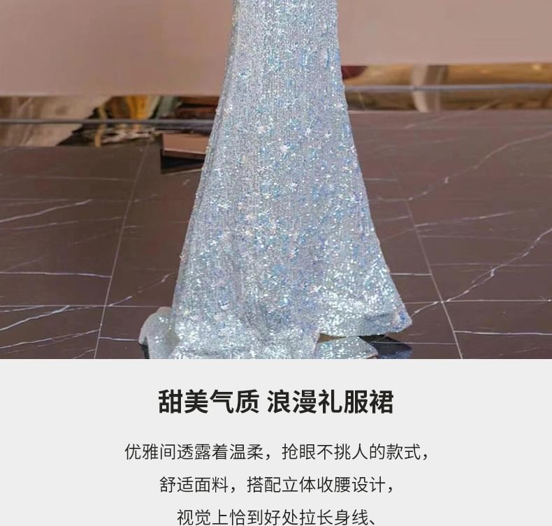 Short Sleeve Off Shoulder Sequin Ruffle Trumpet Evening Gown