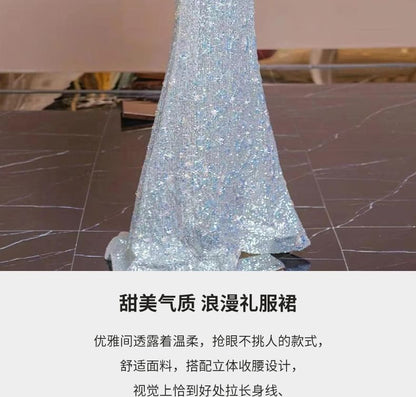 Short Sleeve Off Shoulder Sequin Ruffle Trumpet Evening Gown