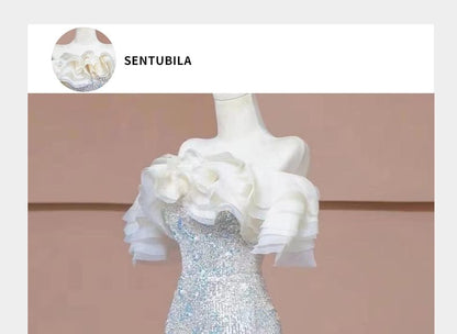 Short Sleeve Off Shoulder Sequin Ruffle Trumpet Evening Gown