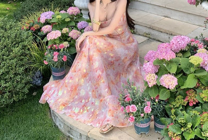 Spaghetti Strap Square Neck Floral Maxi Evening Gown