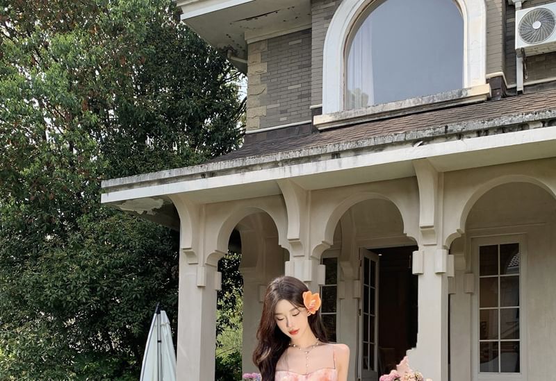 Spaghetti Strap Square Neck Floral Maxi Evening Gown