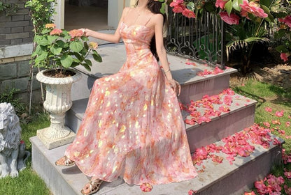 Spaghetti Strap Square Neck Floral Maxi Evening Gown