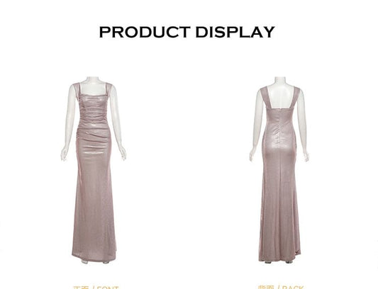 Sleeveless Square Neck Plain Glitter Sheath Evening Gown