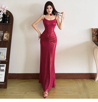 Spaghetti Strap Scoop Neck Plain Ruched Sheath Evening Gown