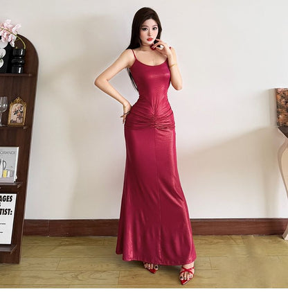 Spaghetti Strap Scoop Neck Plain Ruched Sheath Evening Gown