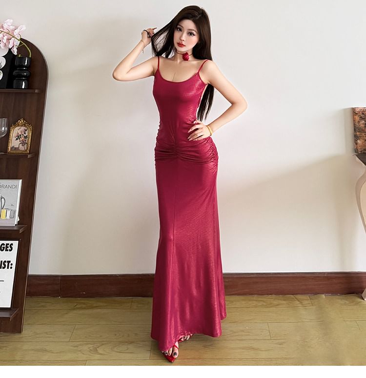 Spaghetti Strap Scoop Neck Plain Ruched Sheath Evening Gown