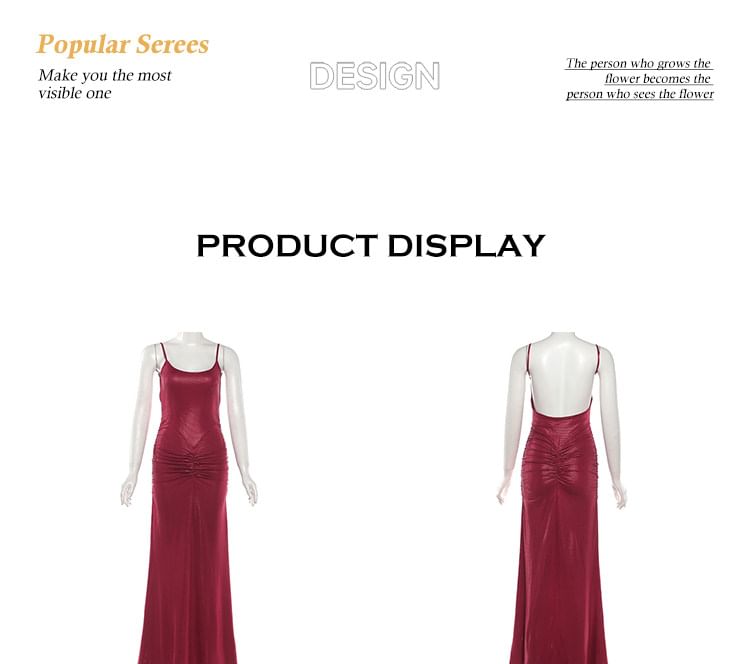 Spaghetti Strap Scoop Neck Plain Ruched Sheath Evening Gown