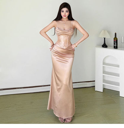 Spaghetti Strap Sweetheart Neck Ruched Sehath Evening Gown