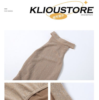 Sleeveless Halter Neck Glitter Mermaid Evening Gown